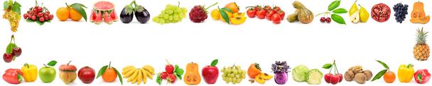 Wide frame ripe vegetables, fruits and berries isolated on white - Photo, Image