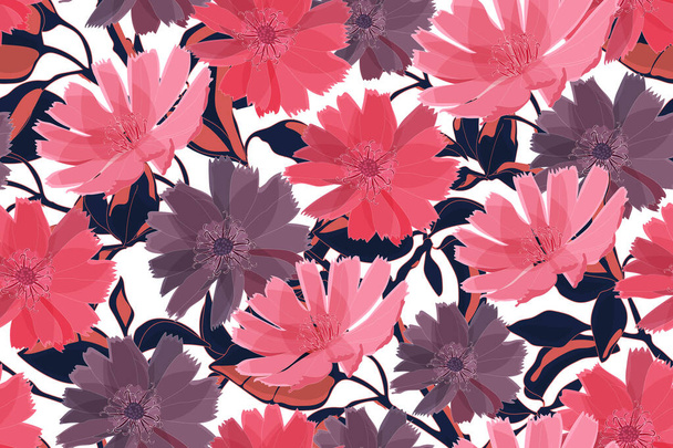 アートフラワーベクトルシームレスパターン。ピンクと紫の花は枝を裂き、葉は白い背景に孤立します。ファブリック、家庭用およびキッチンテキスタイル、壁紙のデザイン、包装紙、アクセサリーのために. - ベクター画像