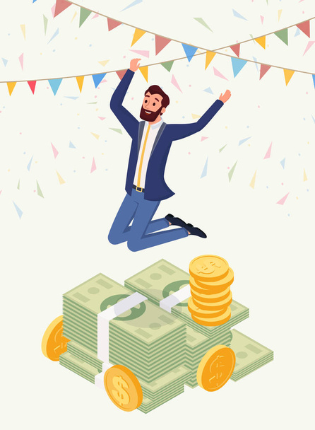 Successful male millionaire vector character. Happy jumping man, honorarium payee, businessman wearing suit, cash prize owner isometric illustration. Luck and profit, lottery jackpot concept - Vector, Image