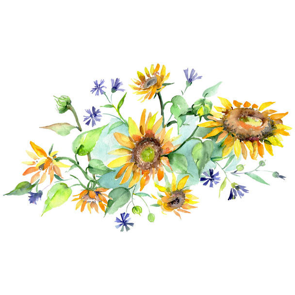 Sonnenblumenstrauß blumige botanische Blumen. Aquarell Hintergrund Set vorhanden. isolierte Blumensträuße Illustrationselement. - Foto, Bild