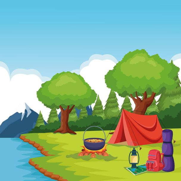 elementos de camping en un paisaje rural
 - Vector, imagen