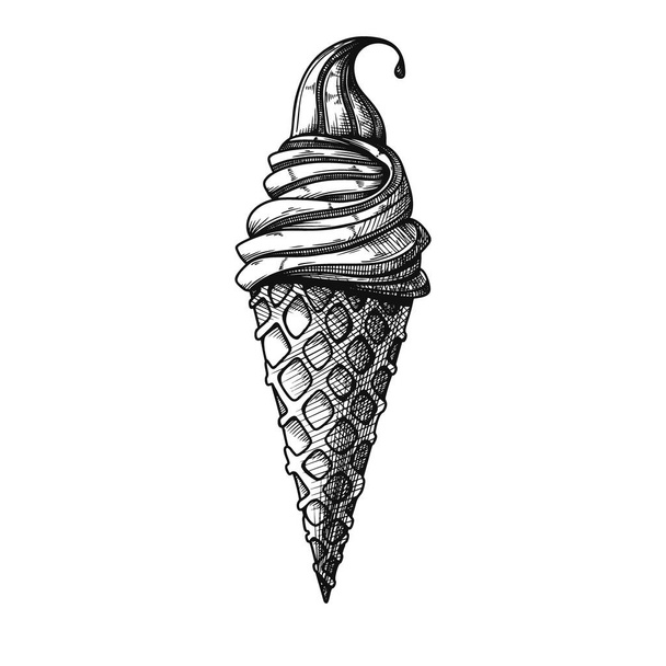 Realistic sketch in a waffle cone. Vector illustration - Vektör, Görsel