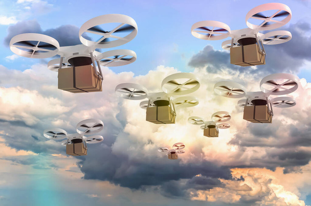 Muchos drones están entregando paquetes - concepto de correo rápido
 - Foto, Imagen