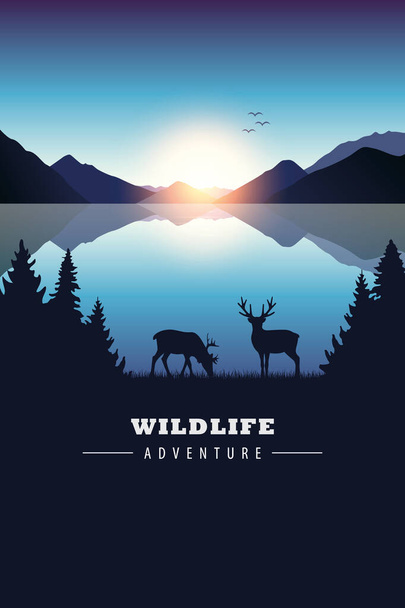 野生動物の冒険は日没時に荒野の青い湖で始まり - ベクター画像