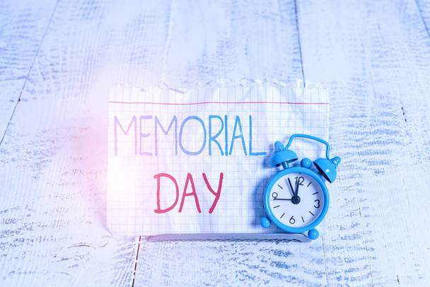 Writing note showing Memorial Day. Business photo showcasing remembering the military demonstratingnel who died in service. - Photo, Image
