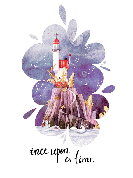 Fantastic lighthouse. Fairytale tower, illustration for the children, print, holiday card. Greeting card - Фото, зображення