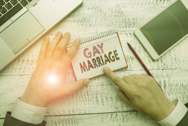 Kézírás szöveg Meleg házasság. Az azonos nemű polgári vagy vallási szertartáson elfogadott fogalom jelentése. - Fotó, kép