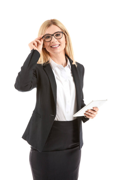 Beautiful stylish businesswoman with tablet computer on white background - Zdjęcie, obraz