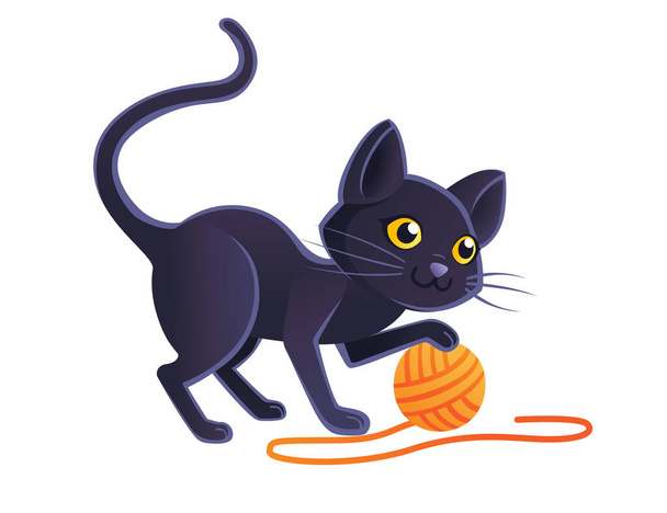 Симпатичный очаровательный черный кот играет с оранжевым шаром шерсти мультфильм животного дизайна плоский вектор иллюстрации на белом фоне
 - Вектор,изображение