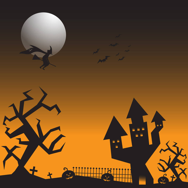 Хэллоуин фон, Ведьма и летучие мыши под луной, Хэллоуин баннер, 31 октября, Страшный замок и тыквы, векторная иллюстрация темно
 - Вектор,изображение