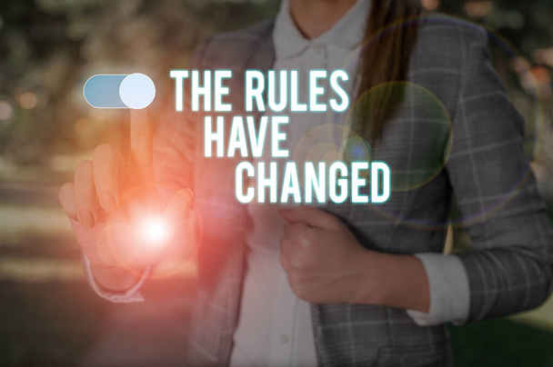 Text sign showing The Rules Have Changed. Conceptual photo the agreement or Policy has a new set of comanalysisds Woman wear formal work suit presenting presentation using smart device. - Photo, Image