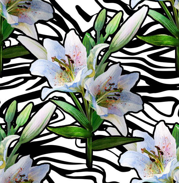 Seamless pattern. Pattern of watercolor white lilies on an abstract background. - Valokuva, kuva