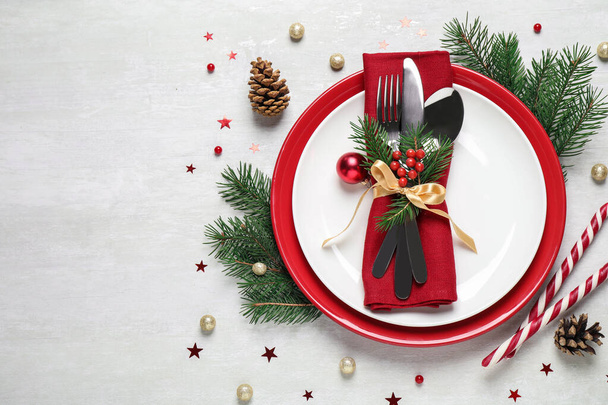 Christmas table setting on white background, flat lay - 写真・画像