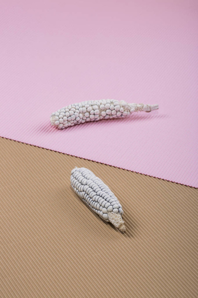 Абстрактный натюрморт с белой кукурузой на цветном фоне
 - Фото, изображение