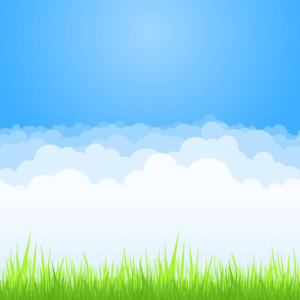 Chmury na błękitnym niebie z zielonym tle trawy. Wektor płaskie powietrze biały chmura kreskówka na horyzoncie nieba - Wektor, obraz