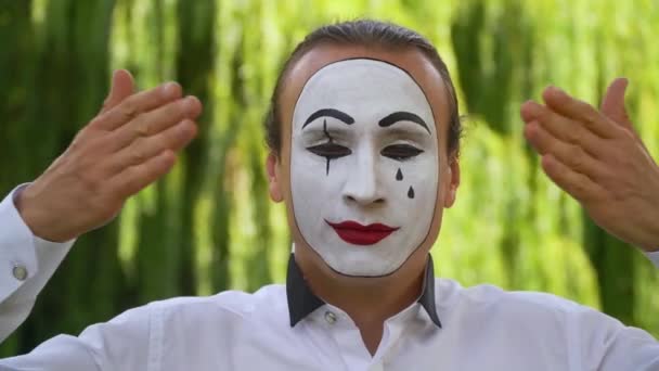 Mime on the park shows pantomime. Mime closes her eyes with hands - Materiaali, video