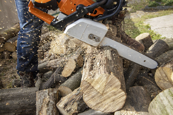 Sierra de cadena en acción cortando madera. Hombre cortando madera con sierra, polvo
 - Foto, Imagen