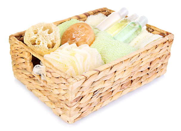 Set for spa in wicker basket, isolated on white - Foto, afbeelding
