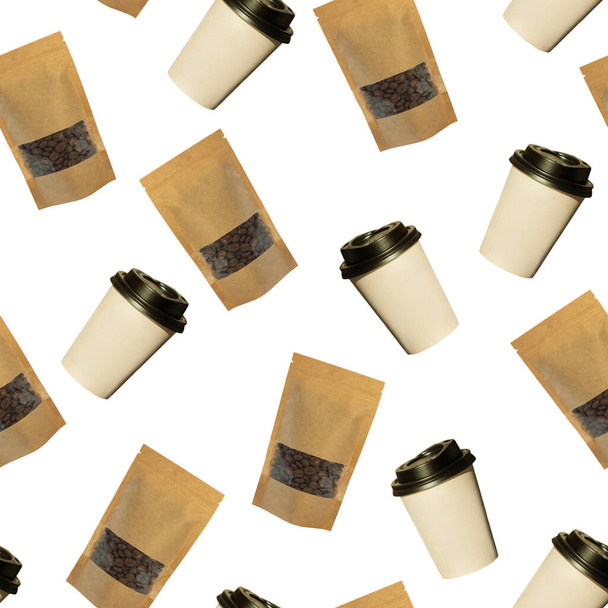 白い背景にコーヒー豆を隔離した紙コップとポーチバッグのシームレスなパターン. - 写真・画像