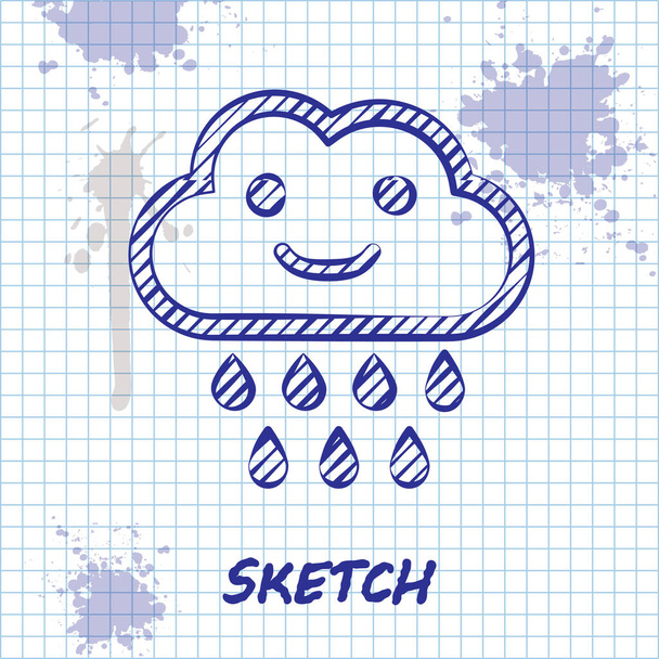 Linea di schizzo Nuvola con icona pioggia isolata su sfondo bianco. Pioggia precipitazioni nuvolose con gocce di pioggia. Illustrazione vettoriale - Vettoriali, immagini