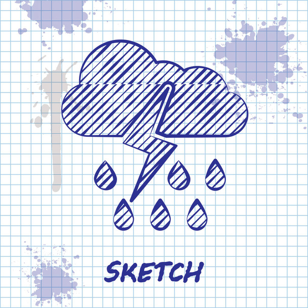 Skizze Linie Wolke mit Regen und Blitz-Symbol isoliert auf weißem Hintergrund. Regenwolken Niederschlag mit Regentropfen. Wettersymbol des Sturms. Vektorillustration - Vektor, Bild