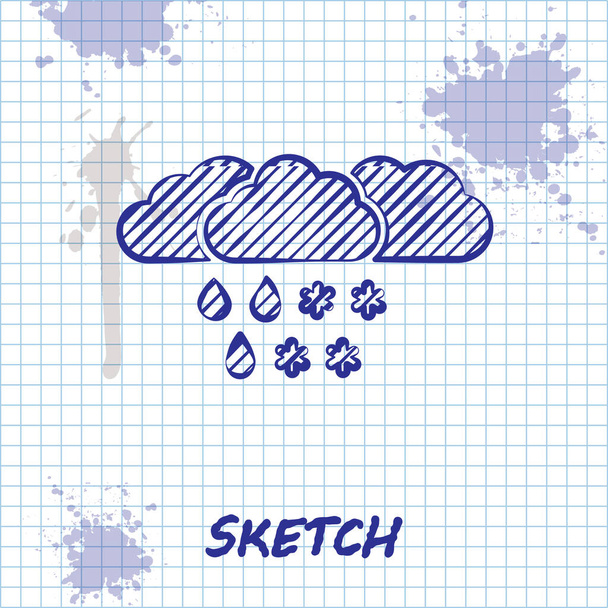 Skizze Linie Wolke mit Schnee und Regen Symbol isoliert auf weißem Hintergrund. Wettersymbol. Vektorillustration - Vektor, Bild