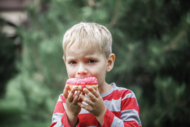 Onnellinen poika syö kirkkaan vaaleanpunaisen donitsin niityllä
 - Valokuva, kuva
