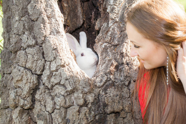 Pojem "pohádka". Krásná dívka s bílým králíkem. - Fotografie, Obrázek