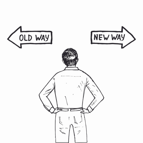 Volba. Zlepšení a změna podnikatelského konceptu řízení. Stará cesta vs nová cesta. Ilustrace - Vektor, obrázek