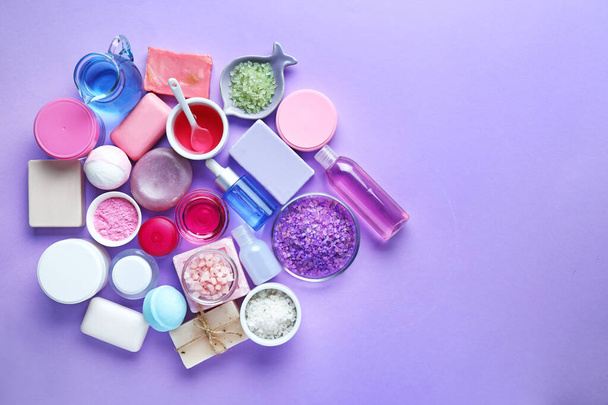 Composition with cosmetics for spa procedures on color background - Photo, Image
