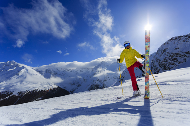 Skier, skiing, winter sport - portrait of female skier - Photo, Image