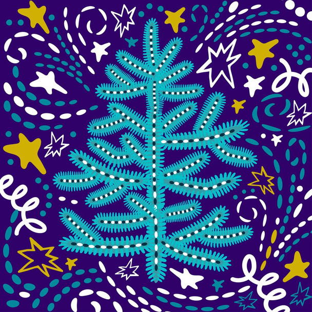 Weihnachtsgrußkarte mit Weihnachtsbaum im Doodle-Stil. - Vektor, Bild