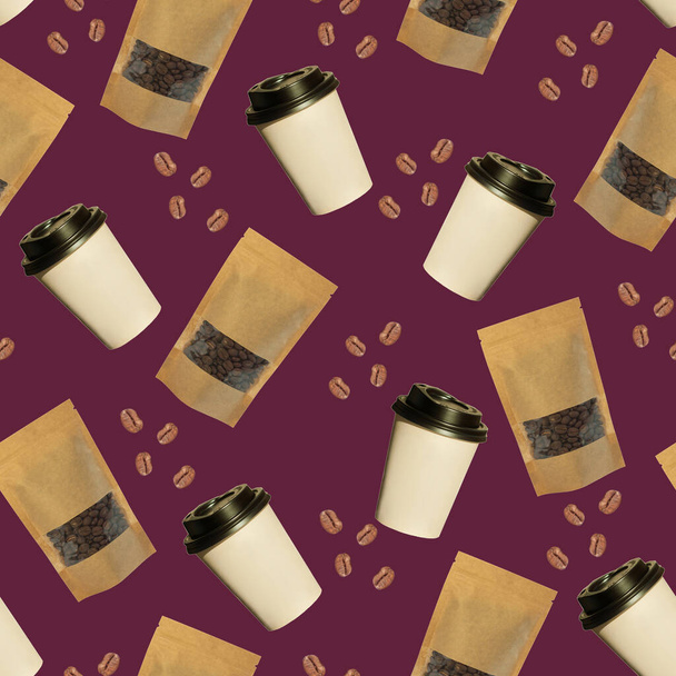 nahtlose Muster von Pappbechern und Beuteltaschen mit Kaffeebohnen isoliert auf einem violetten Hintergrund. - Foto, Bild