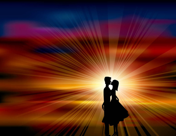 A pair of lovers kissed in the sunset.The background uses the mesh gradient tool. - Διάνυσμα, εικόνα