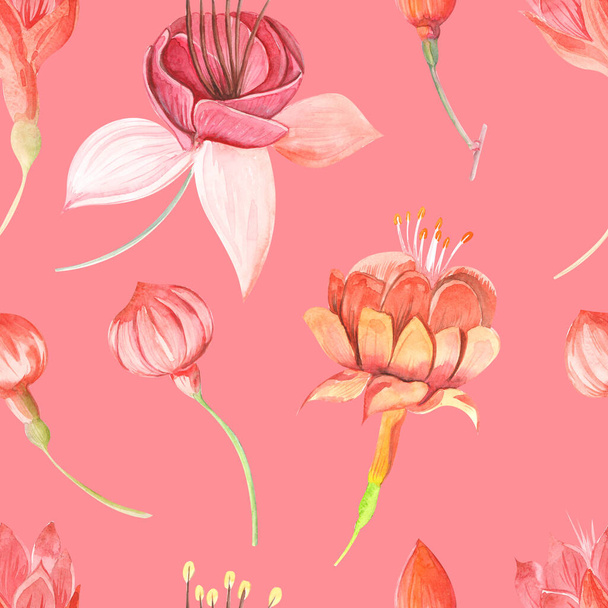 Seamless  watercolor pattern with flowers fuchsia and leaves close up on a colored background. - Foto, Imagen