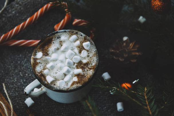 mug of hot chocolate with marshmallow, fir branches, Lollipop, c - Fotoğraf, Görsel