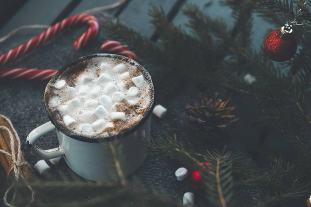 mug cocoa, hot chocolate with marshmallows, fir branches on a da - Fotó, kép
