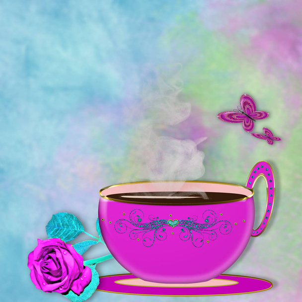 Графический иллюстрационный фон горячей чашки кофе / чая выделен на фоне мягкого аква-блюза и фиолетового. Соответствующие изображения бабочек комплимент
. - Фото, изображение