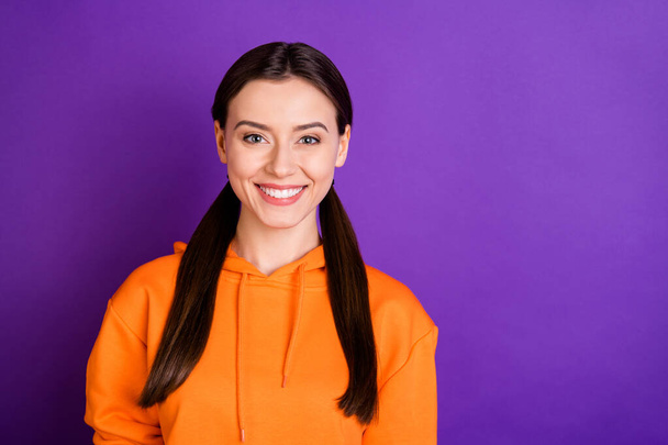 Close-up portrait of her she nice attractive lovely cute cheerful cheery girl wearing hoody isolated over bright vivid shine vibrant violet purple lilac color background - Foto, Bild