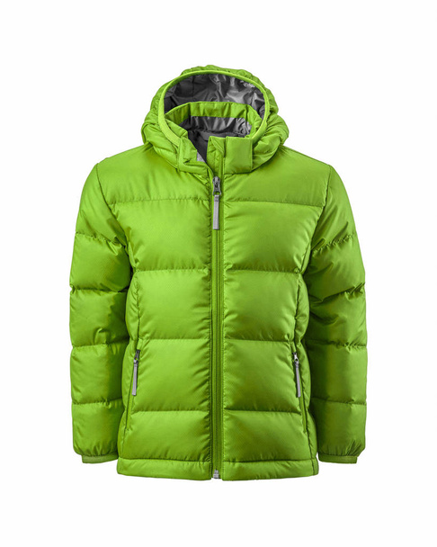 Kids' lime green hooded warm sport puffer jacket isolated over white background. Ghost mannequin photography - Photo, Image