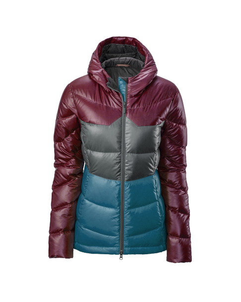 Women's burgundy with blue and grey hooded warm sport puffer jacket isolated over white background. Ghost mannequin photography - Photo, Image