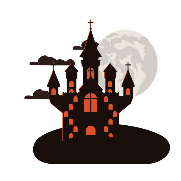 halloween donker kasteel met maan nacht scene icoon - Vector, afbeelding