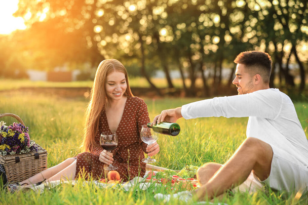 Young man and his girlfriend having picnic in green park - Φωτογραφία, εικόνα