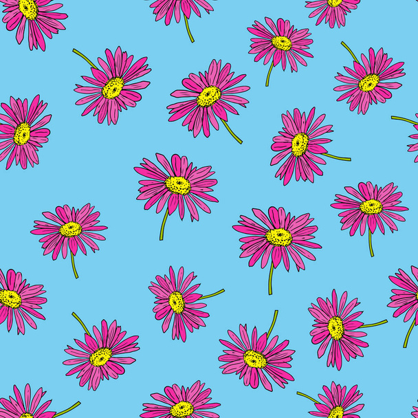 Pyrethrum daisy seamless pattern blue background - Vector, Image