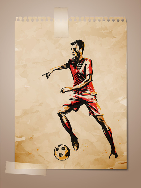 Futebol, Esboço de jogador de futebol em papel de nota envelhecido
 - Vetor, Imagem