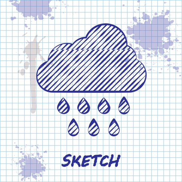 Sketch line Chmura z ikoną deszczu izolowane na białym tle. Deszczowe opady deszczu z kroplami deszczu. Ilustracja wektora - Wektor, obraz