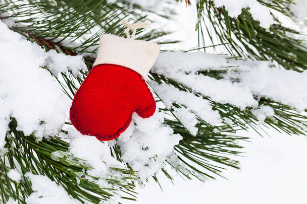 Christmas Background. Red and White Felt Mitten on a Natural Background. Selective focus. - Foto, Bild