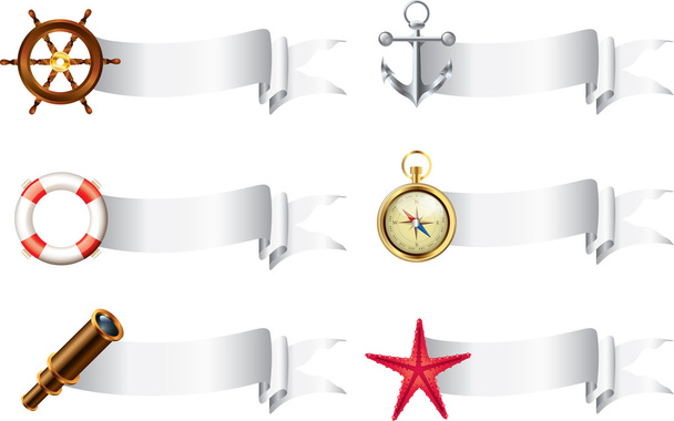 Marine items with empty ribbon banners - Vector, Image