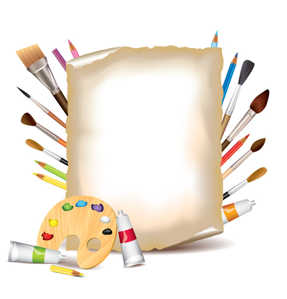 Art tools and sheet of paper - Vector, Image