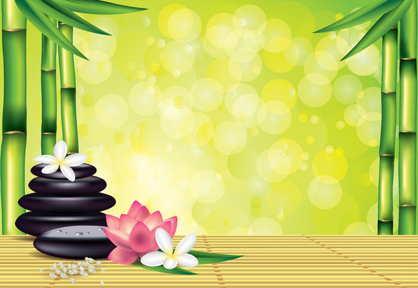 Spa stones and flowers on bamboo background - Vector, Image